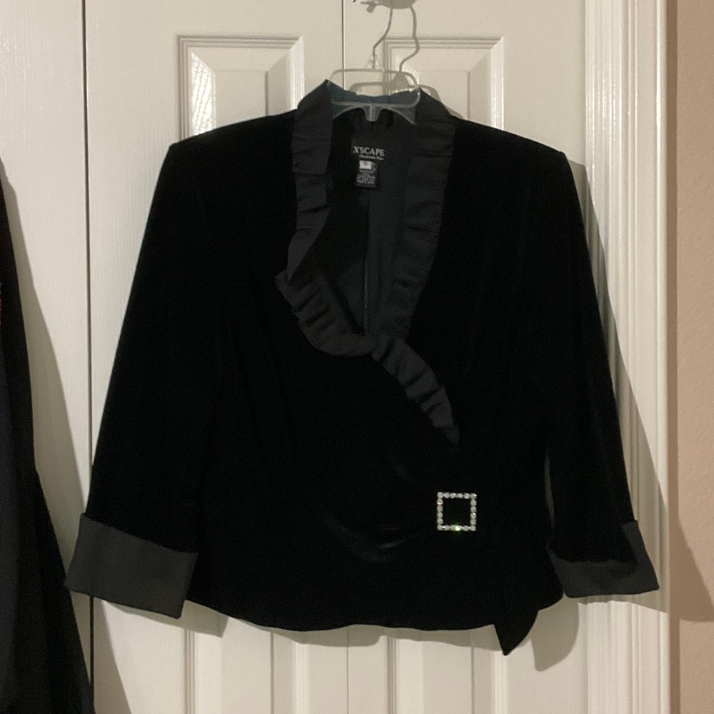 Xscape Black Velvet Jacket with Ruffle Detail
